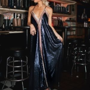 Aqua Sequined Maxi Dress Ball Gown NWT